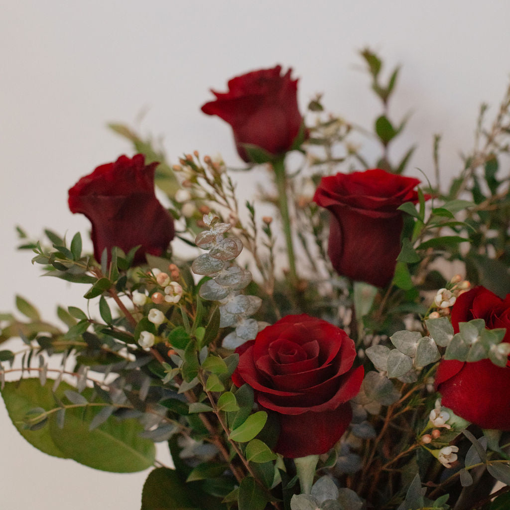 Bouquet of red roses with greenery on a light background